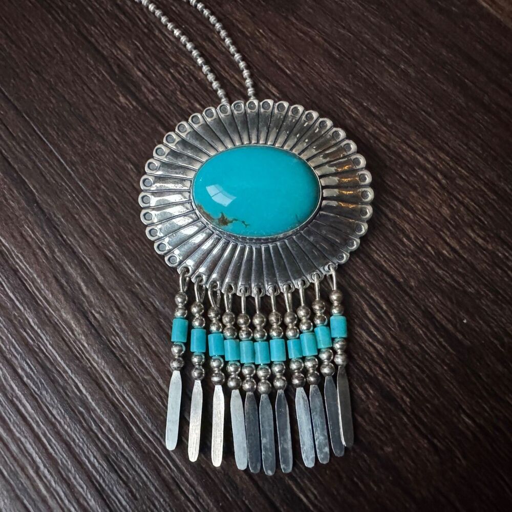 Southwestern Sterling Silver Turquoise Fringe Brooch Pendant 20" Necklace Milor